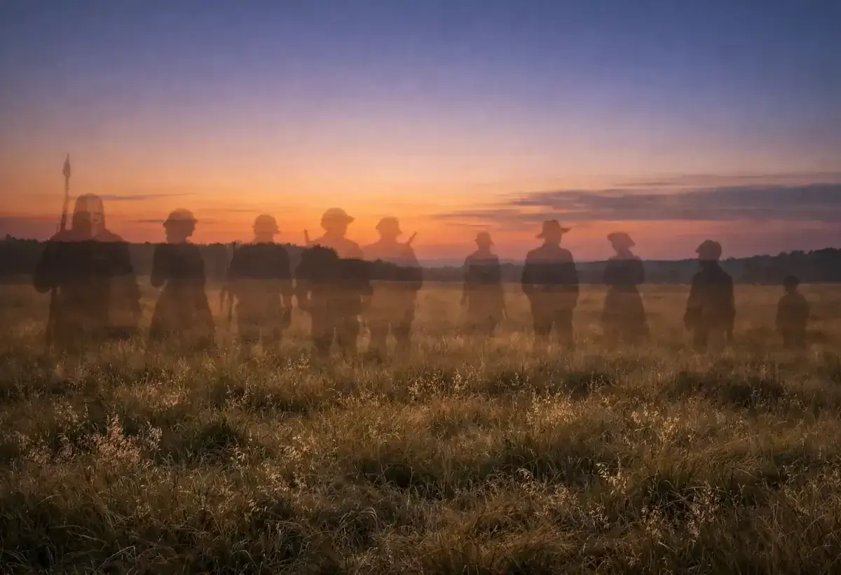 Faded silhouettes of human figures blending into historical landscapes representing generations lost over time