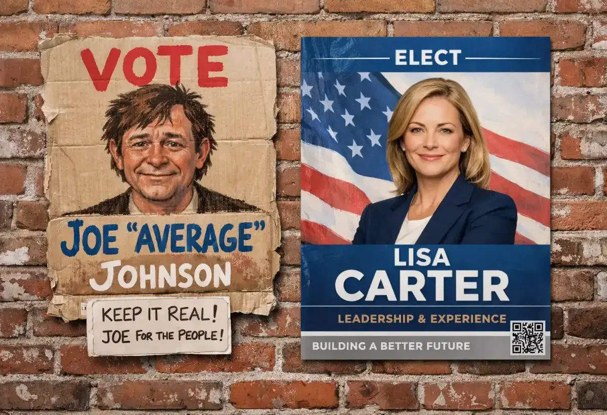 Grassroots campaign poster next to professionally funded political campaign highlighting imbalance of resources