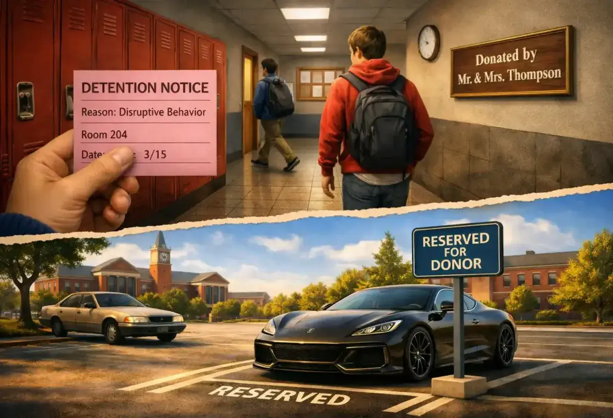 High school detention avoided by donor family money and college parking privilege showing how money shapes opportunity