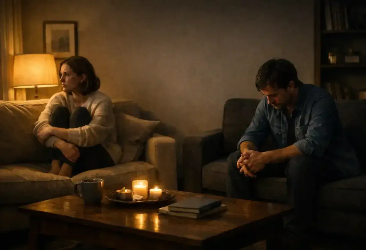 Two silhouettes sitting apart on opposite sides of a dimly lit room