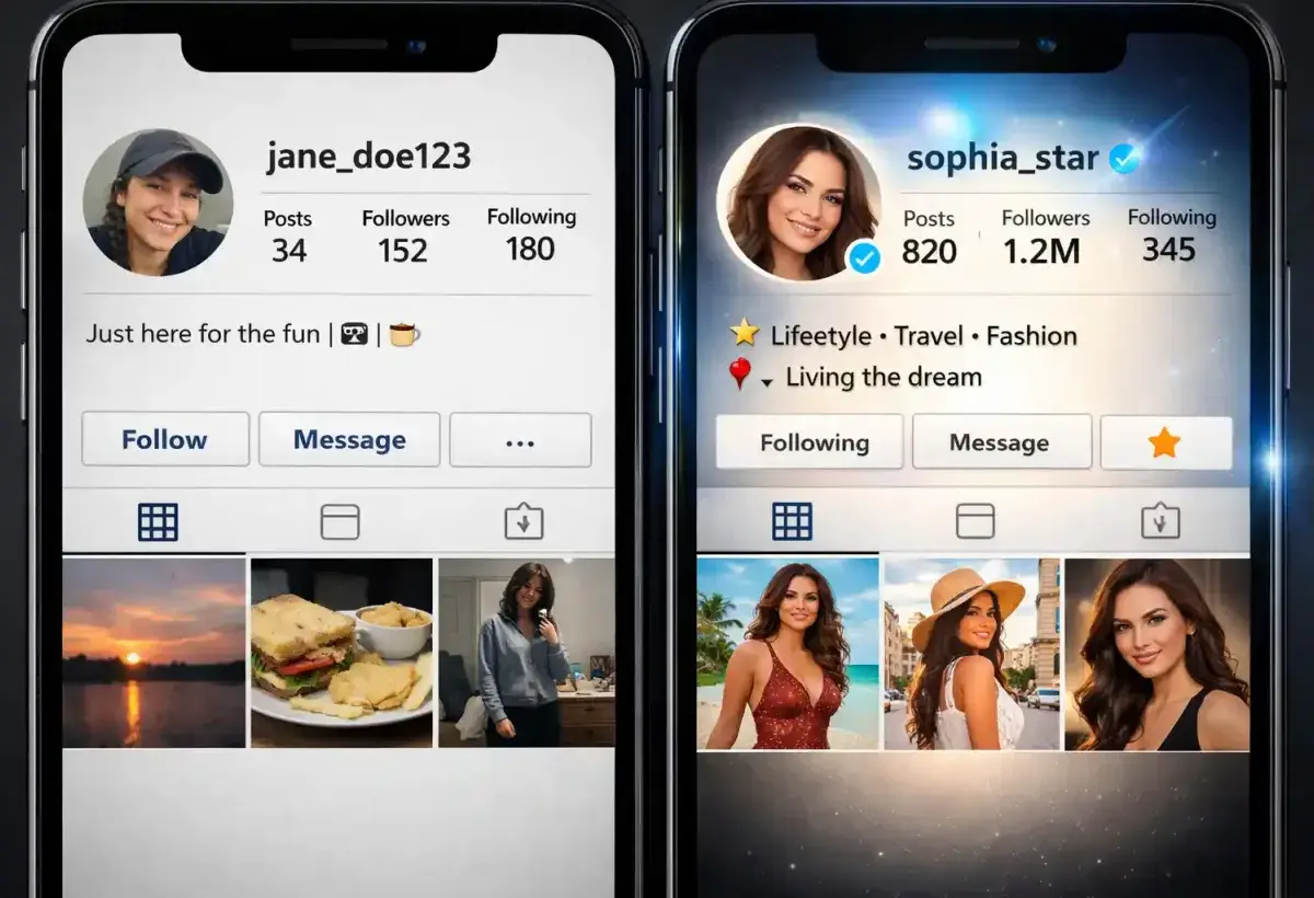 Two social media profiles showing contrast between organic growth and paid influence