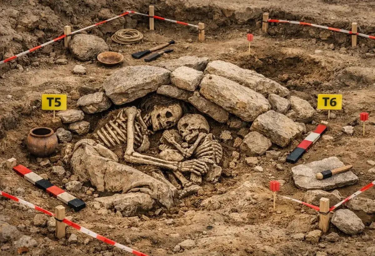 Ancient burial site with preserved remains and excavation markings symbolizing unnamed historical lives