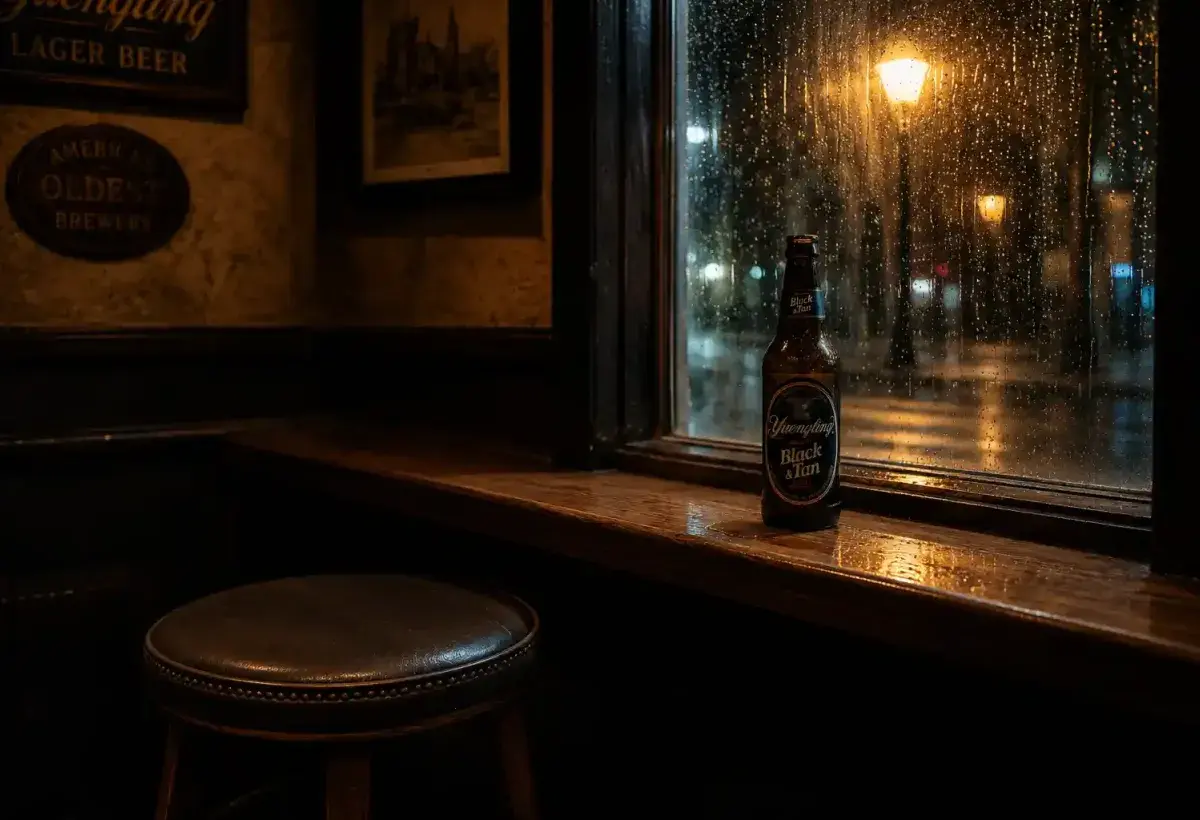Empty bar stool with a half finished beer by a rainy window