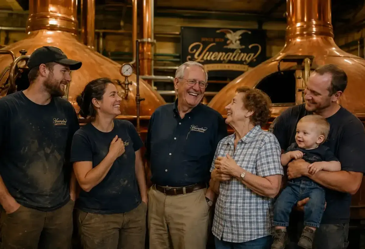 Family owners standing together inside their historic brewery