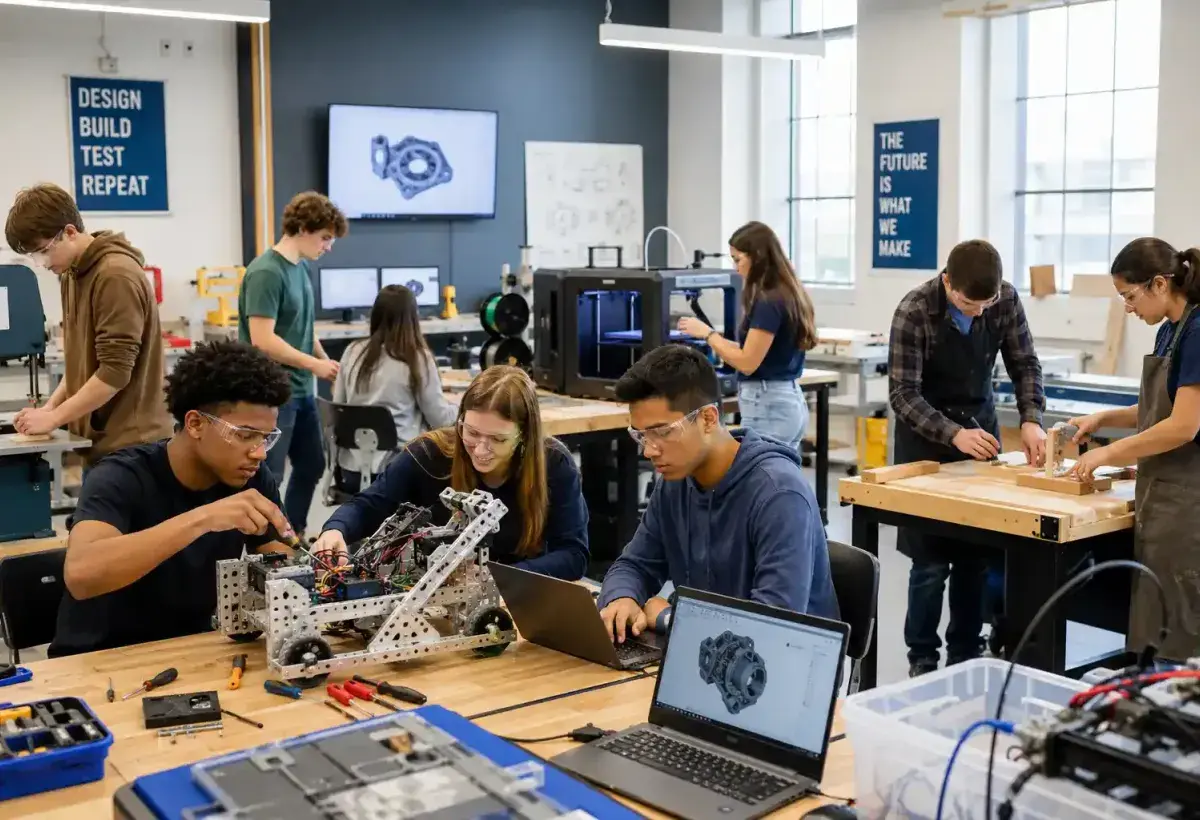 Modern students combining technology with hands on career skills