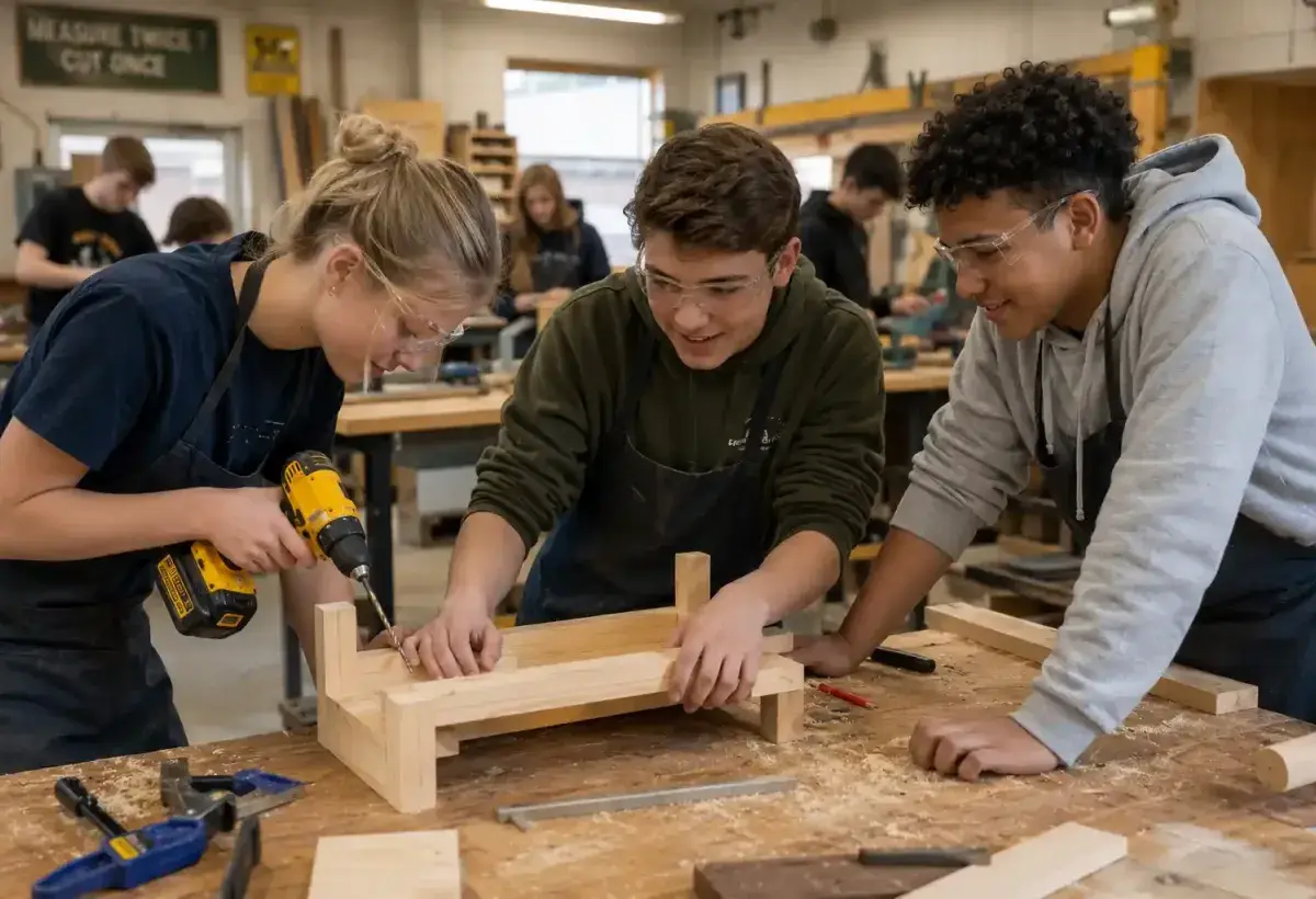 Students learning cooking, building, and creative skills through hands on education