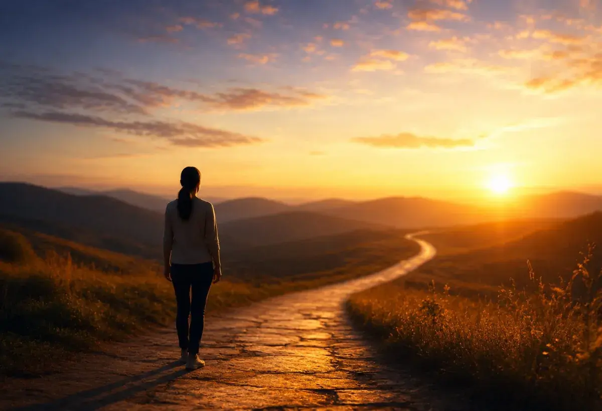 Woman walking, tracing the sunset path