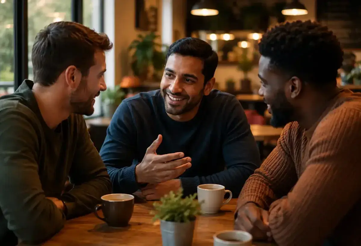 Small circle of genuine friends around a table