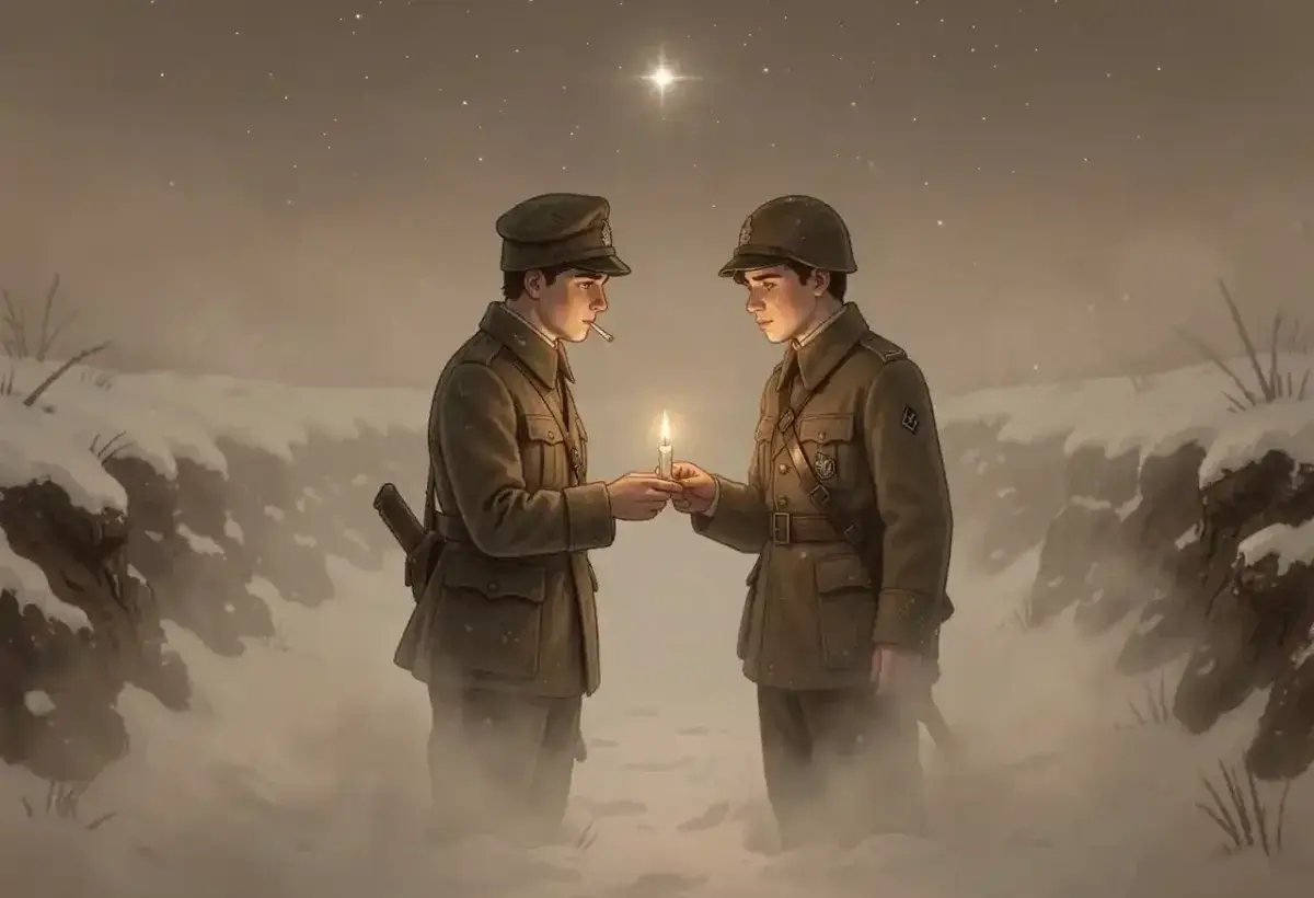 A British and a German soldier sharing a light in No Man's Land on a snowy night, symbolizing the forgotten humanity of the 1914 Christmas Truce.