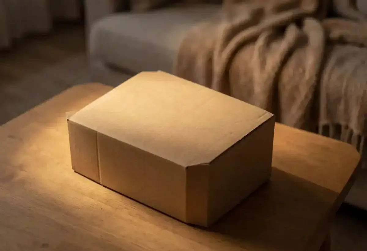 A closed cardboard box illuminated on a wooden table, with a blurry, inviting couch in the background, symbolizing the choice between unseen faith and visible comfort