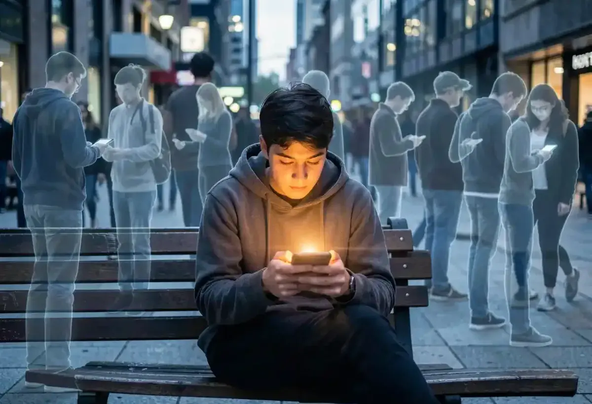 A person alone on a bench, face lit by a phone, surrounded by ghost-like outlines of people facing away, symbolizing loneliness despite constant digital connection