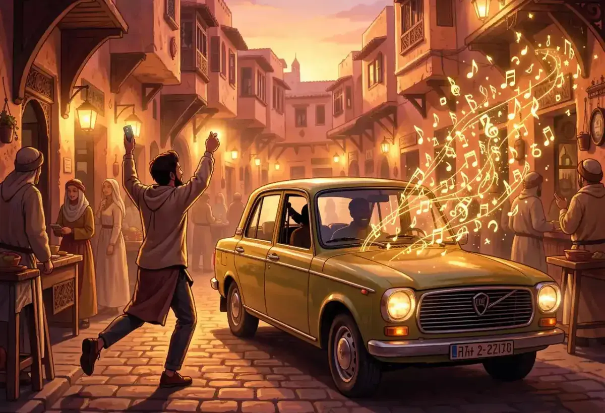 A person chasing a vintage taxi through a golden Marrakech medina at dusk, with luminous musical notes flowing from the window, symbolizing a spontaneous encounter that leads to love, fame, and a life-changing story