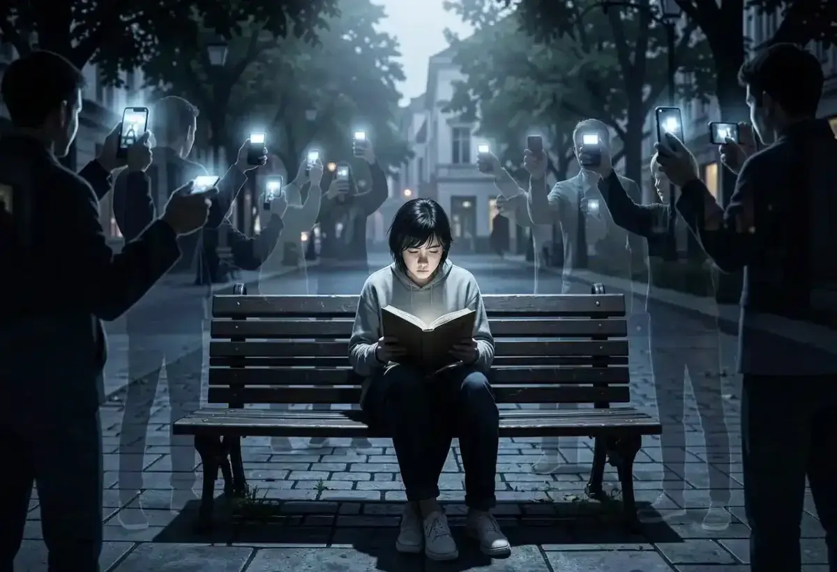 A person sitting alone on a public bench, surrounded by faint, ghost-like silhouettes of people pointing smartphones at them, symbolizing the loss of privacy and solitude in a camera-ready culture