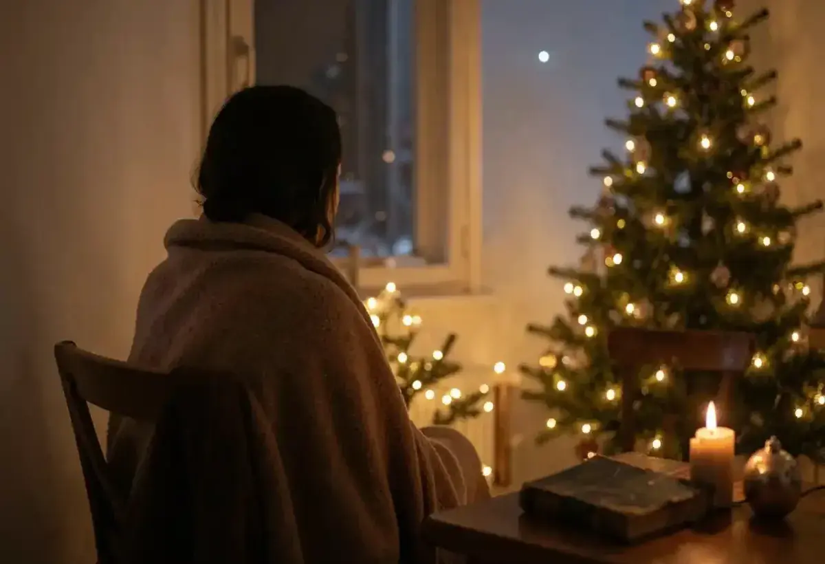 A person sitting quietly by a warm Christmas tree, looking out at a winter night, symbolizing the sacred pause, reflection, and quiet strength of the season.