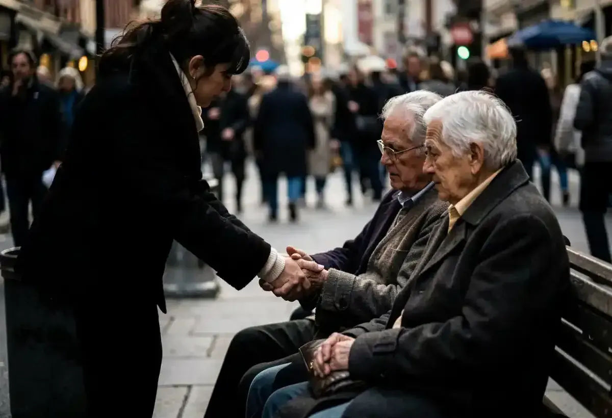 A quiet moment of human connection and empathy in a busy world - artistic photograph representing the return of kindness