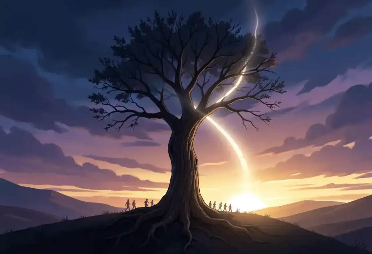 A solitary, deeply rooted tree standing strong on a hilltop at dawn, slightly bent but unbroken, with a luminous path of light extending from its branches into a hopeful sunrise