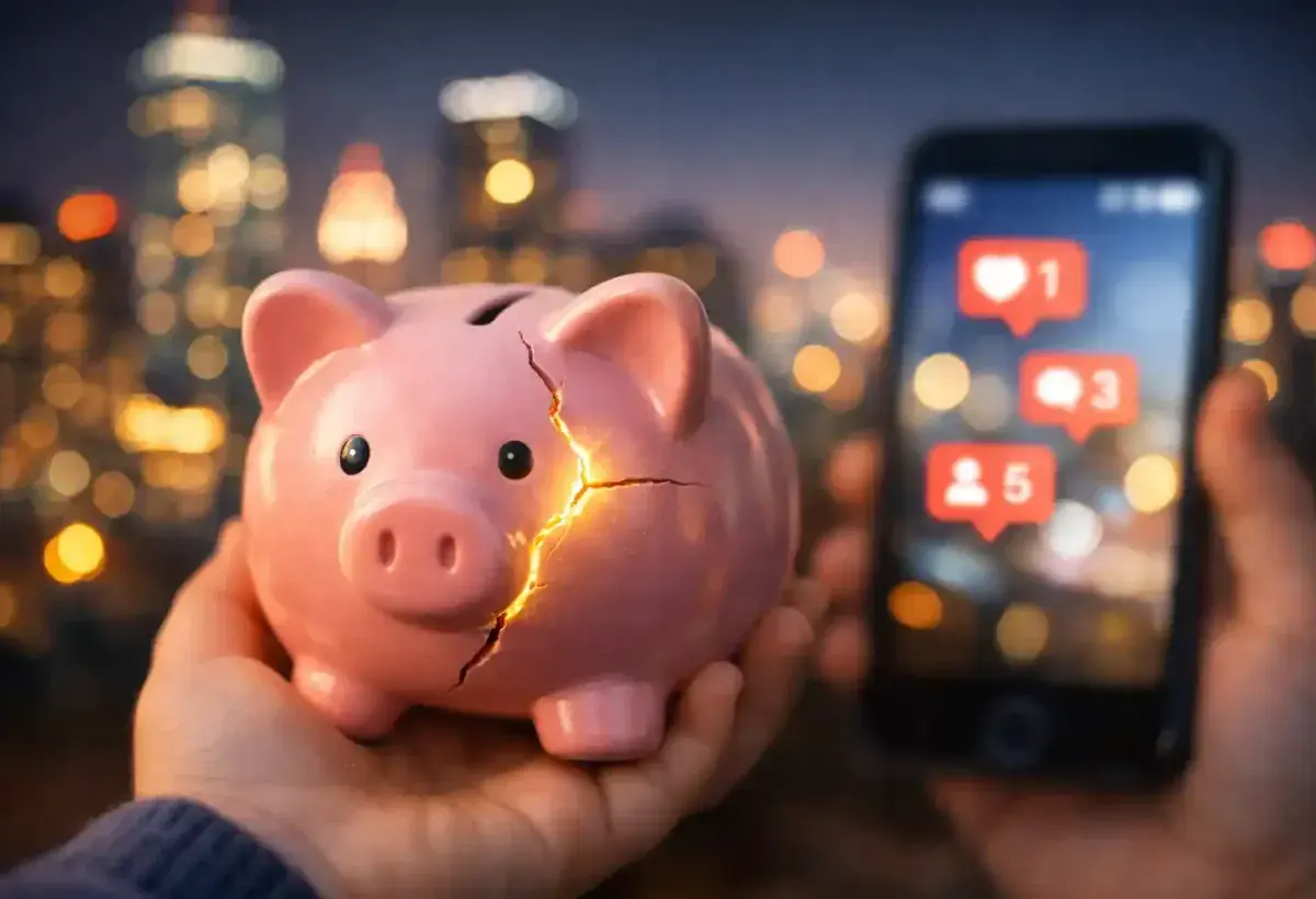 Cracked piggy bank with city lights and social media background representing childhood beliefs about money versus adult reality of power