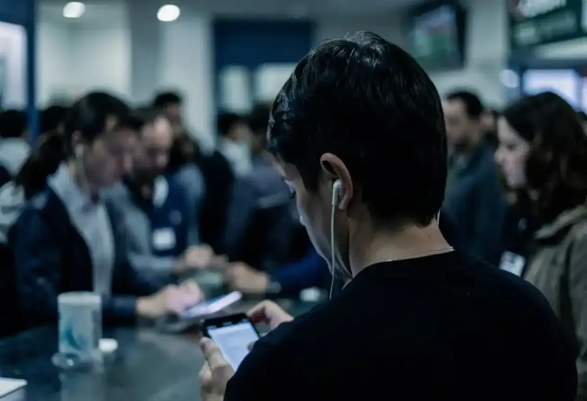 Person standing in line wearing earbuds and looking at a phone, with the people around them blurred, symbolizing modern disconnection and feeling invisible in public spaces