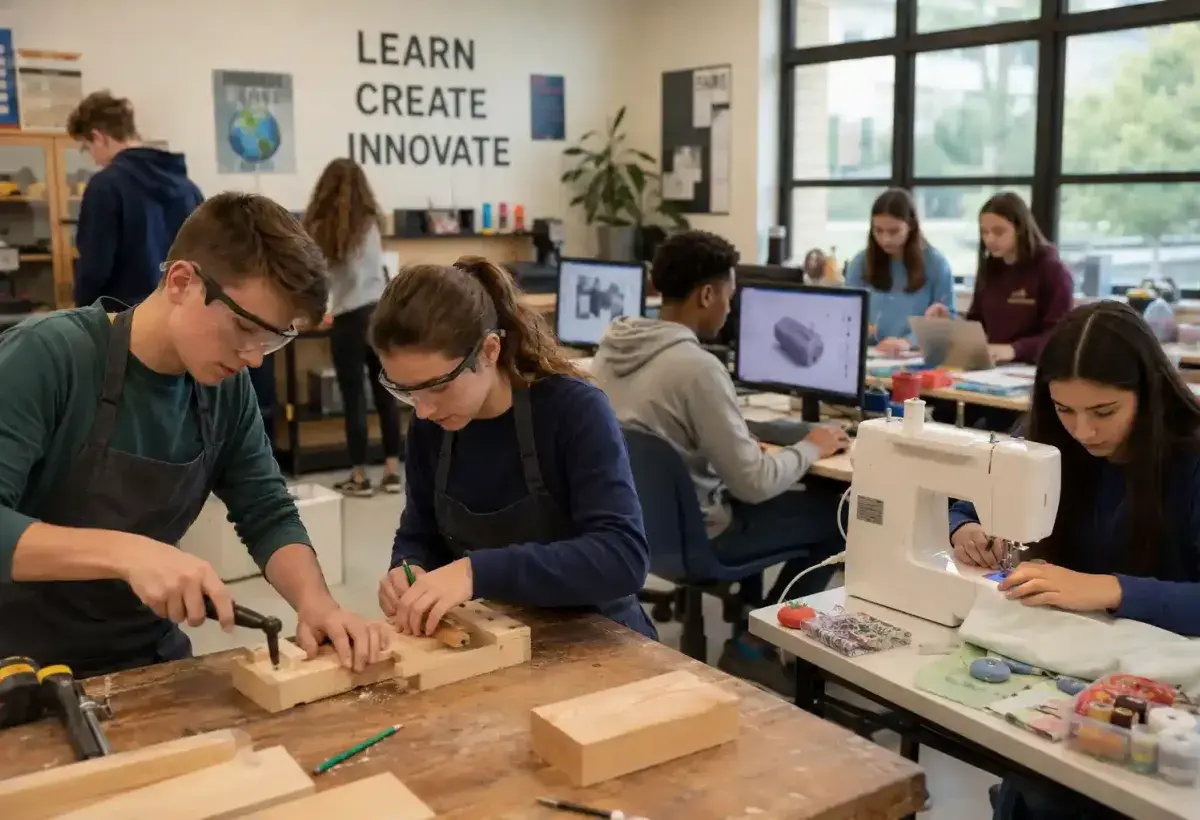 Teen students learning practical skills in a school workshop with traditional and modern tools
