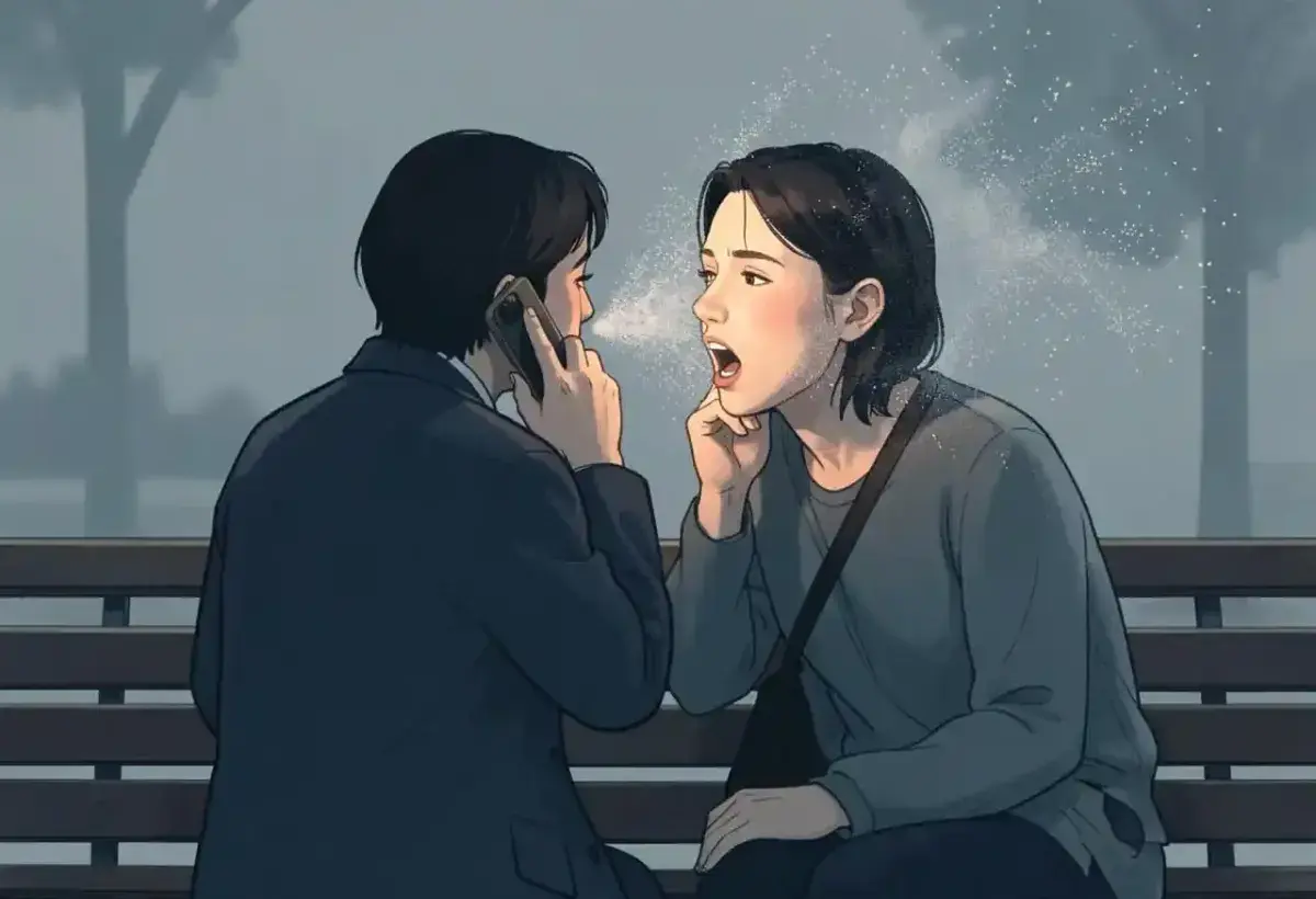 Two people sitting closely, one facing away speaking into a phone, the other's words dissolving into static before reaching them, symbolizing the modern paradox of wanting to be heard but not listened to
