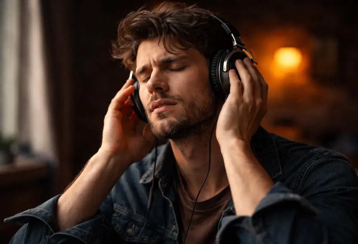 Caucasian man listening to a music