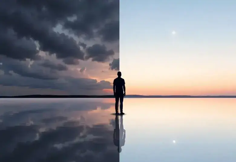 A calm human silhouette standing before a lake at dusk, with the sky split between a dark, stormy side and a bright, clear side, symbolizing the internal tug between what drains and what drives us