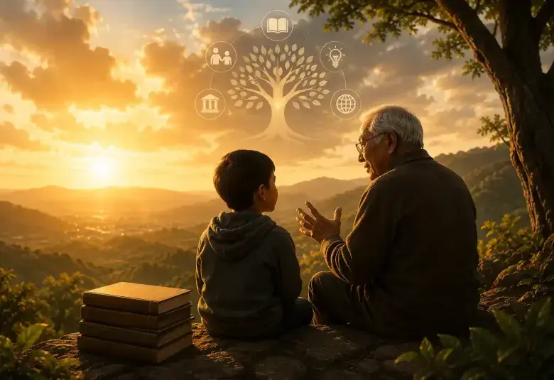 Grandparent mentoring a child, representing wisdom passed between generations