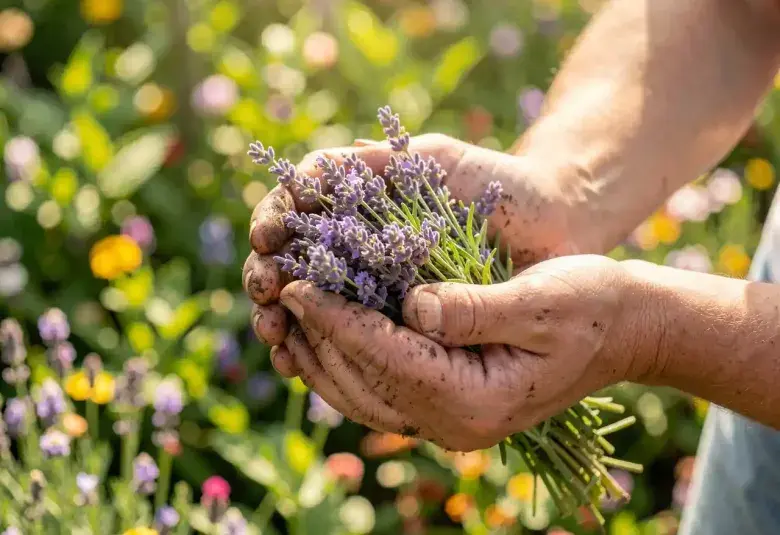 Hands gently holding fresh lavender and rosemary, with a soft, sunlit garden background