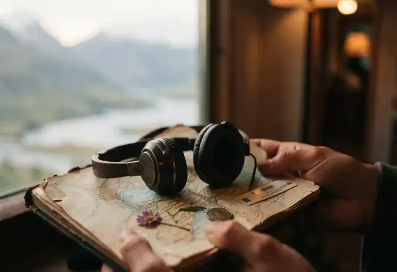 Hands holding an open travel journal with vintage headphones and a pressed flower, with a hazy landscape in the background, symbolizing the deep connection between travel, music, and personal memory
