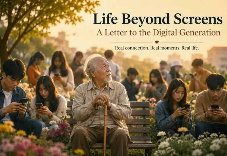 an old man sorrounded by a younger generations with their phone 