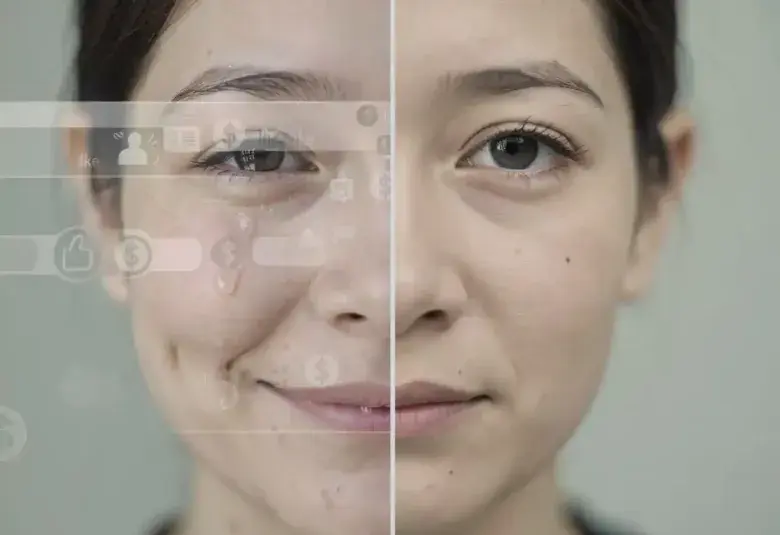 Split portrait of a person's face, one side with a faint forced smile and digital icons, the other side calm and, representing the contrast between performed happiness and inner truth