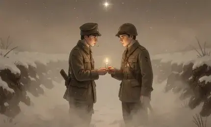 A British and a German soldier sharing a light in No Man's Land on a snowy night, symbolizing the forgotten humanity of the 1914 Christmas Truce.
