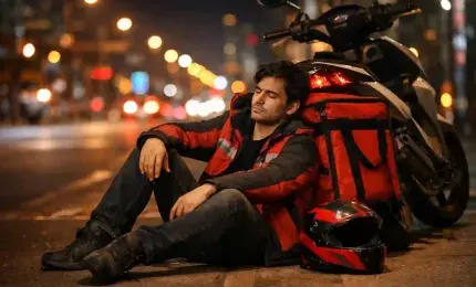A tired delivery rider resting beside a motorbike at night under city lights