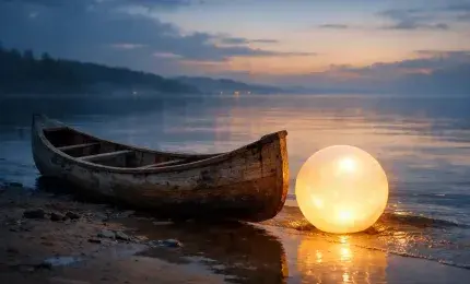 A weathered canoe and glowing pearl on a shoreline symbolizing ambition, family, and loss in The Pearl