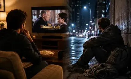 Man watching The Ultimate Gift while remembering his time living on the streets