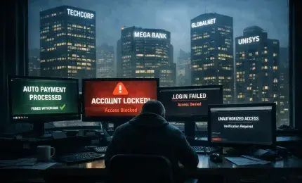 Person facing confusing digital billing systems beneath towering corporate buildings