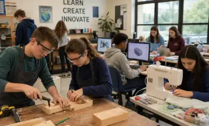 Teen students learning practical skills in a school workshop with traditional and modern tools