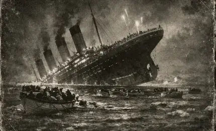 Titanic sinking in the Atlantic Ocean with lifeboats escaping into the darkness