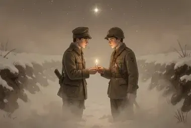 A British and a German soldier sharing a light in No Man's Land on a snowy night, symbolizing the forgotten humanity of the 1914 Christmas Truce.