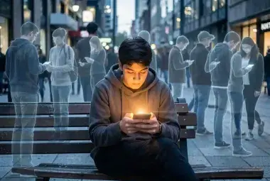 A person alone on a bench, face lit by a phone, surrounded by ghost-like outlines of people facing away, symbolizing loneliness despite constant digital connection
