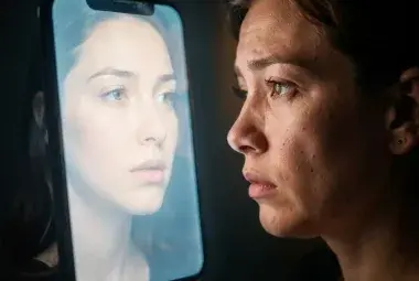 A person looking at their own filtered reflection on a phone, symbolizing the emotional disconnect between digital perfection and authentic humanity.
