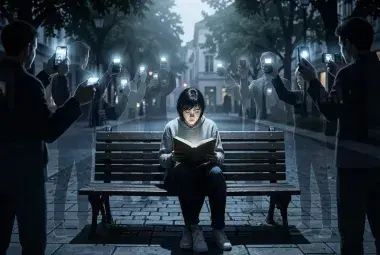 A person sitting alone on a public bench, surrounded by faint, ghost-like silhouettes of people pointing smartphones at them, symbolizing the loss of privacy and solitude in a camera-ready culture