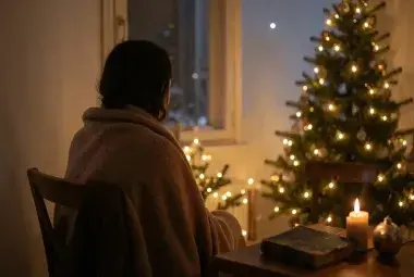A person sitting quietly by a warm Christmas tree, looking out at a winter night, symbolizing the sacred pause, reflection, and quiet strength of the season.