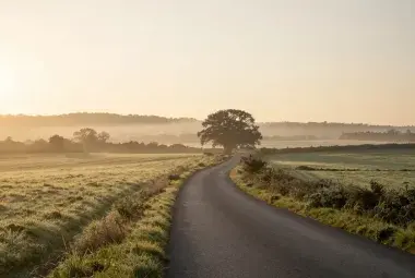 A peaceful path winding toward a bright horizon at sunrise, symbolizing hope and the journey of beginning again