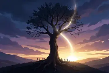 A solitary, deeply rooted tree standing strong on a hilltop at dawn, slightly bent but unbroken, with a luminous path of light extending from its branches into a hopeful sunrise