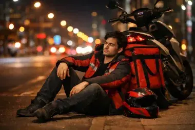 A tired delivery rider resting beside a motorbike at night under city lights