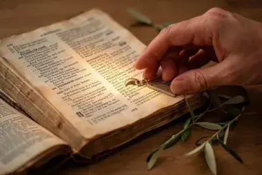 An open Bible with a pendant and garland, symbolizing the wisdom and moral guidance of Proverbs 1:7-10.