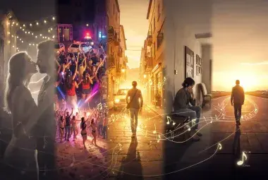 Cinematic collage of a traveler's life episodes: a hostel kiss, a beach rave, a taxi chase in Marrakech, a solo figure in Reykjavik, all connected by flowing musical notes and a setting sun, symbolizing the final soundtrack of a life's telenovela