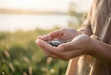 Close-up of cupped hands gently holding a single wildflower in soft, golden light, with a peaceful, blurred natural background, symbolizing the sacred gift of awareness and finding the divine in ordinary moments