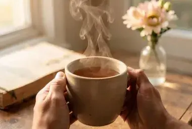 Close-up of hands holding a warm ceramic mug of tea, with a book and soft sunlight in the background, symbolizing the peace and sufficiency of simple, intentional moments
